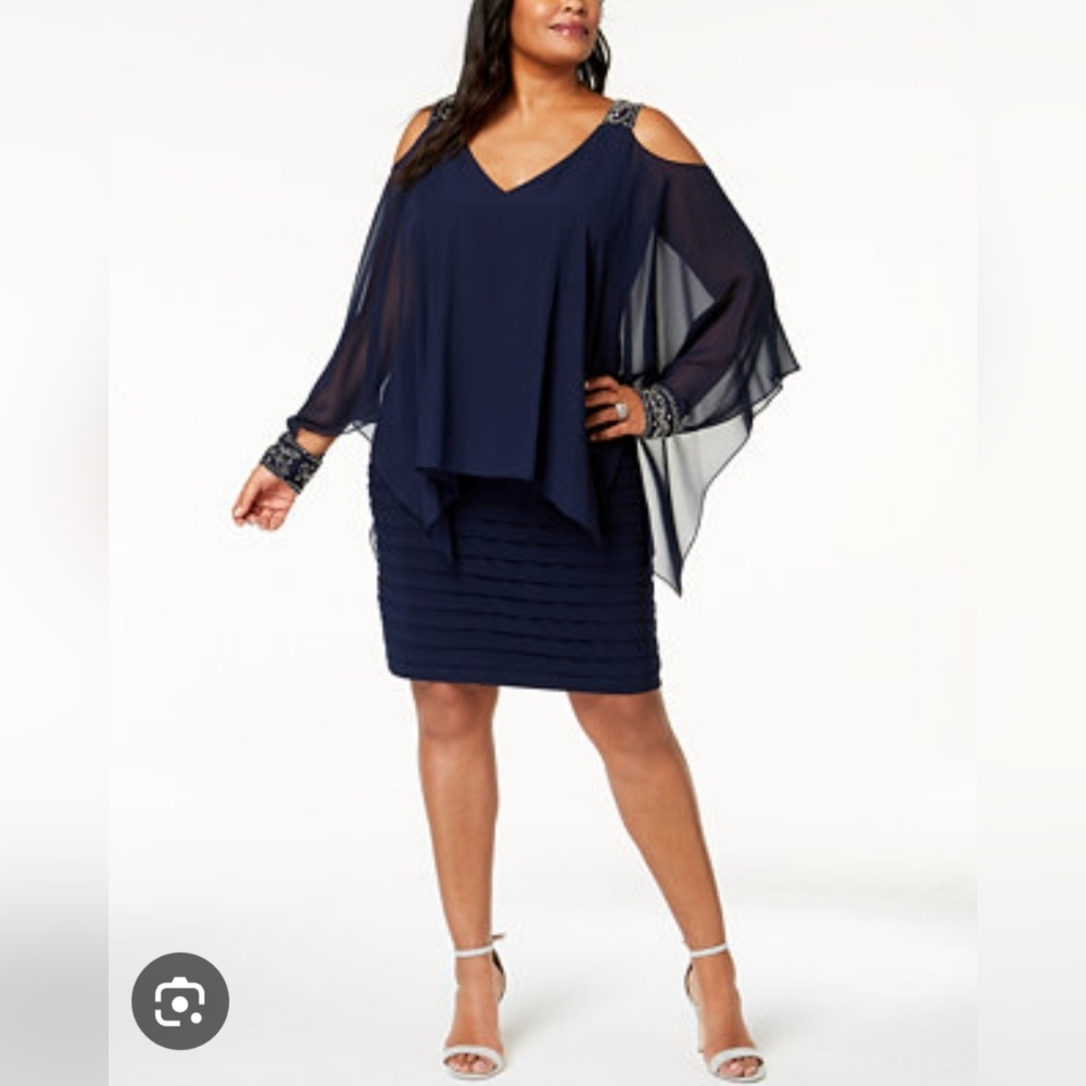 20W Betsy & Adam Blue Cold Shoulder Chiffon Popover Layer, Silver Beaded Dress